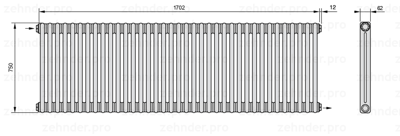 Схема (чертеж) Радиатор Zehnder Charleston 2075/37 №1670 Белый глянцевый RAL 9016